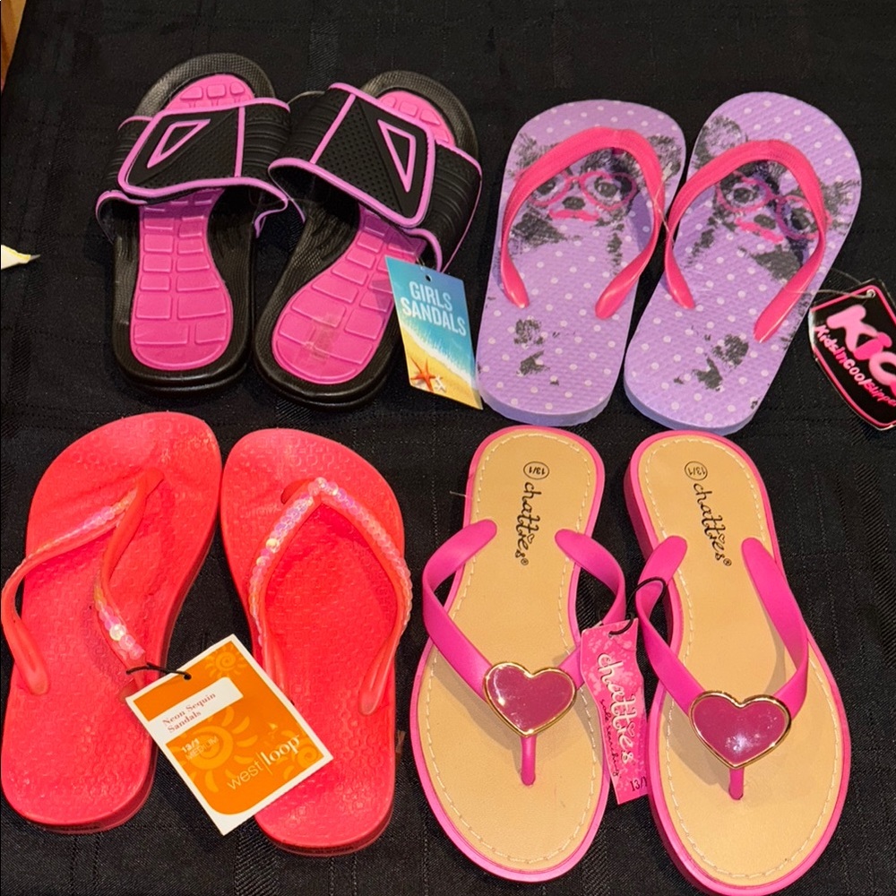 4 NWT flip flops slides Pink Heart Kids Sandals 13/1 girls